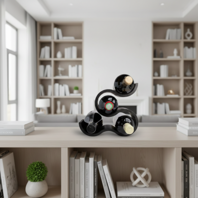 Suport sticle vin realizat prin printare 3D cu un design modern în formă de S, de culoare neagră, pentru 3 sticle.